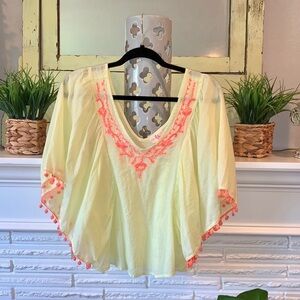 Beachy Yellow Pom Pom Embroidered Boho Top